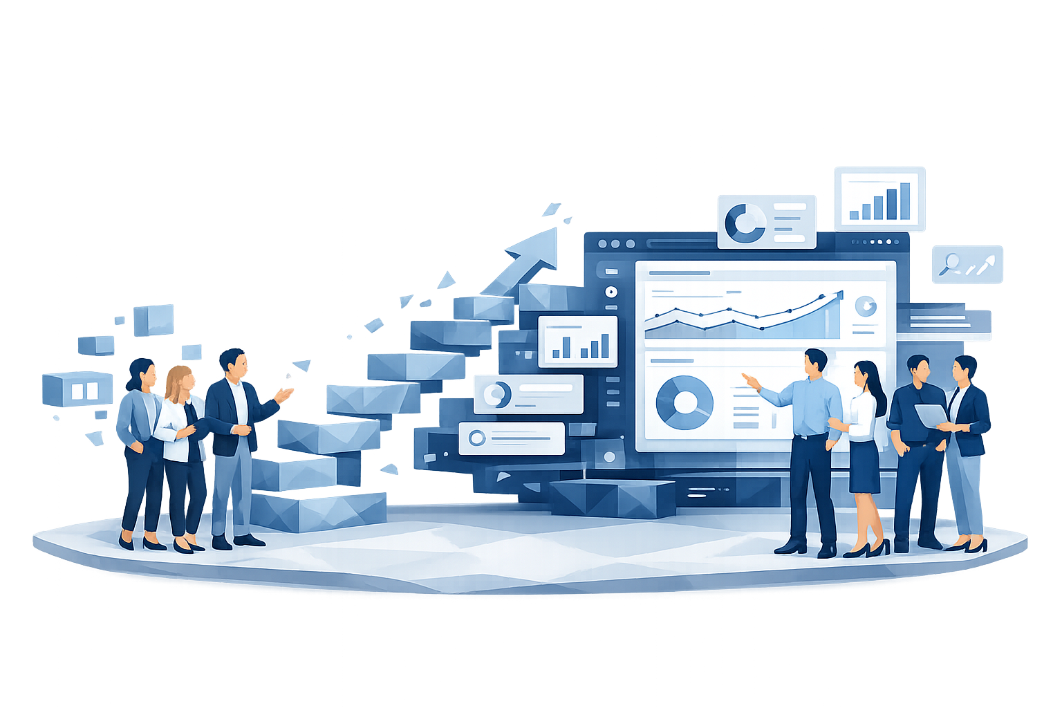 Illustration of a software team reviewing platform dashboards and delivery performance